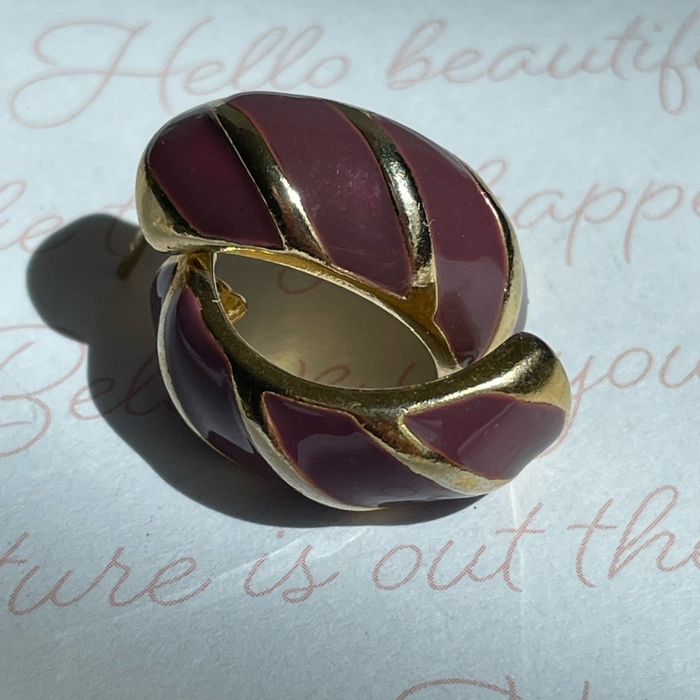 Vintage Gold-Trim Plum Enamel Hoop Pierced Earrings